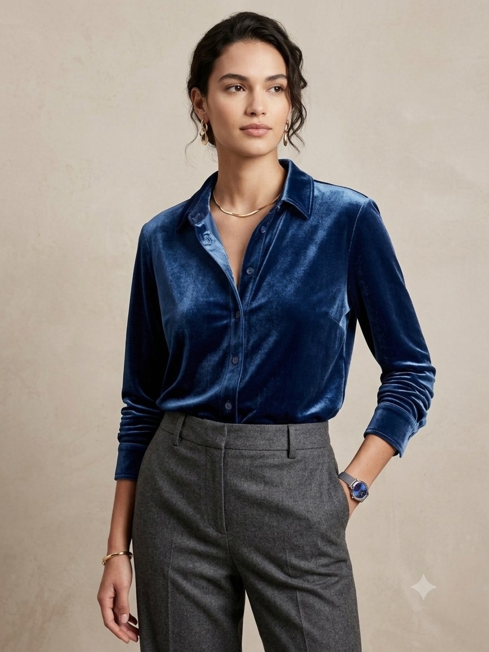 Soft Surroundings Blue Velvet Button Down Shirt Size Medium Luxe Stretch
